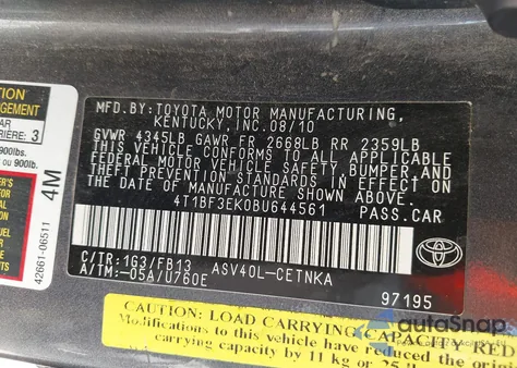 2011 Toyota Camry Le z USA, uszkodzony, nr VIN 4T1BF3EK0BU644561